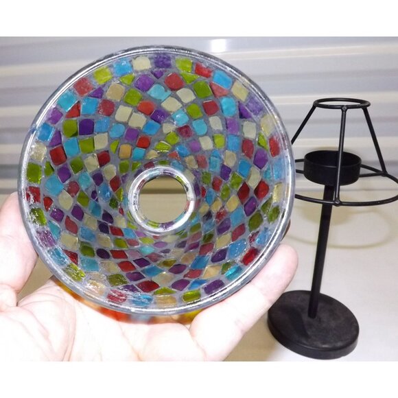 Mosaic Glass Table Votive Lamp Multicolor Stained Glass Shade Metal Base - Picture 11 of 13